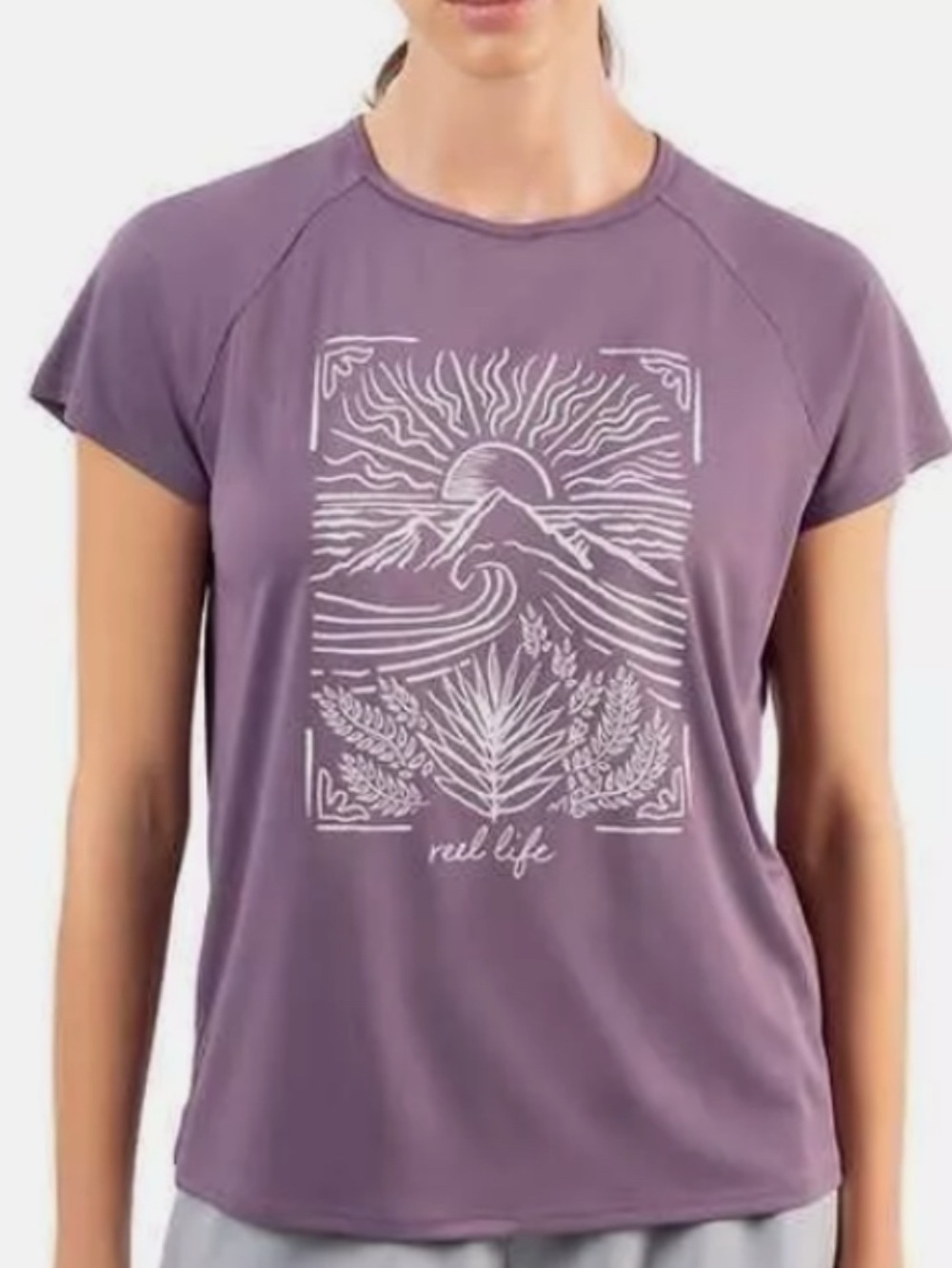 Reel Life Women’s Purple Short Sleeve Graphic Tee with vented back